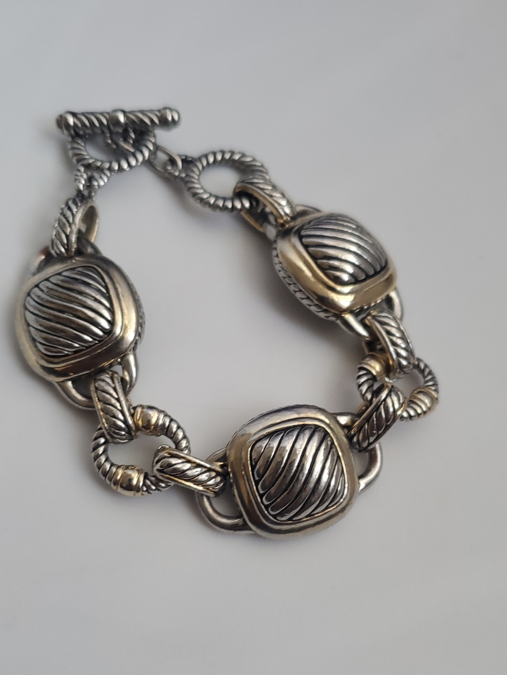 Two Tone Cable Link Toggle Bracelet Rhodium Plated 7.5" 64 Grams